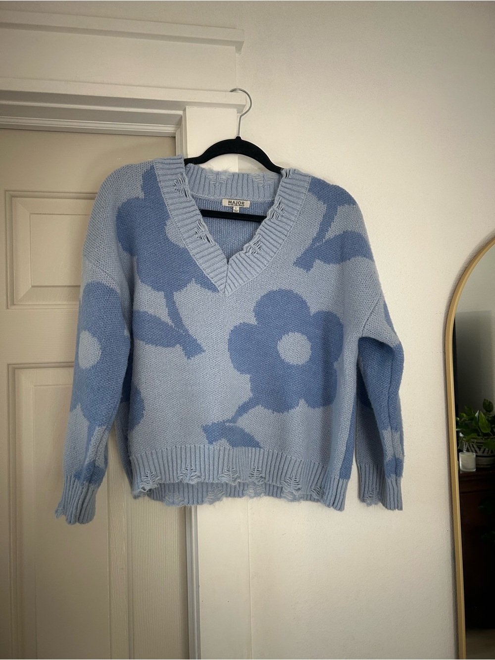 Blue Floral V‑Neck Knit Sweater